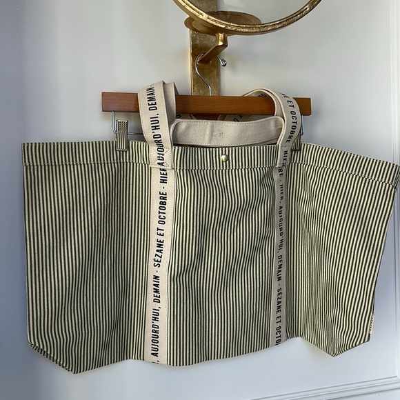 Sezane Cabas Libre Service Weekender Large Tote Green Stripe Cream 100% Cotton - Picture 5 of 14